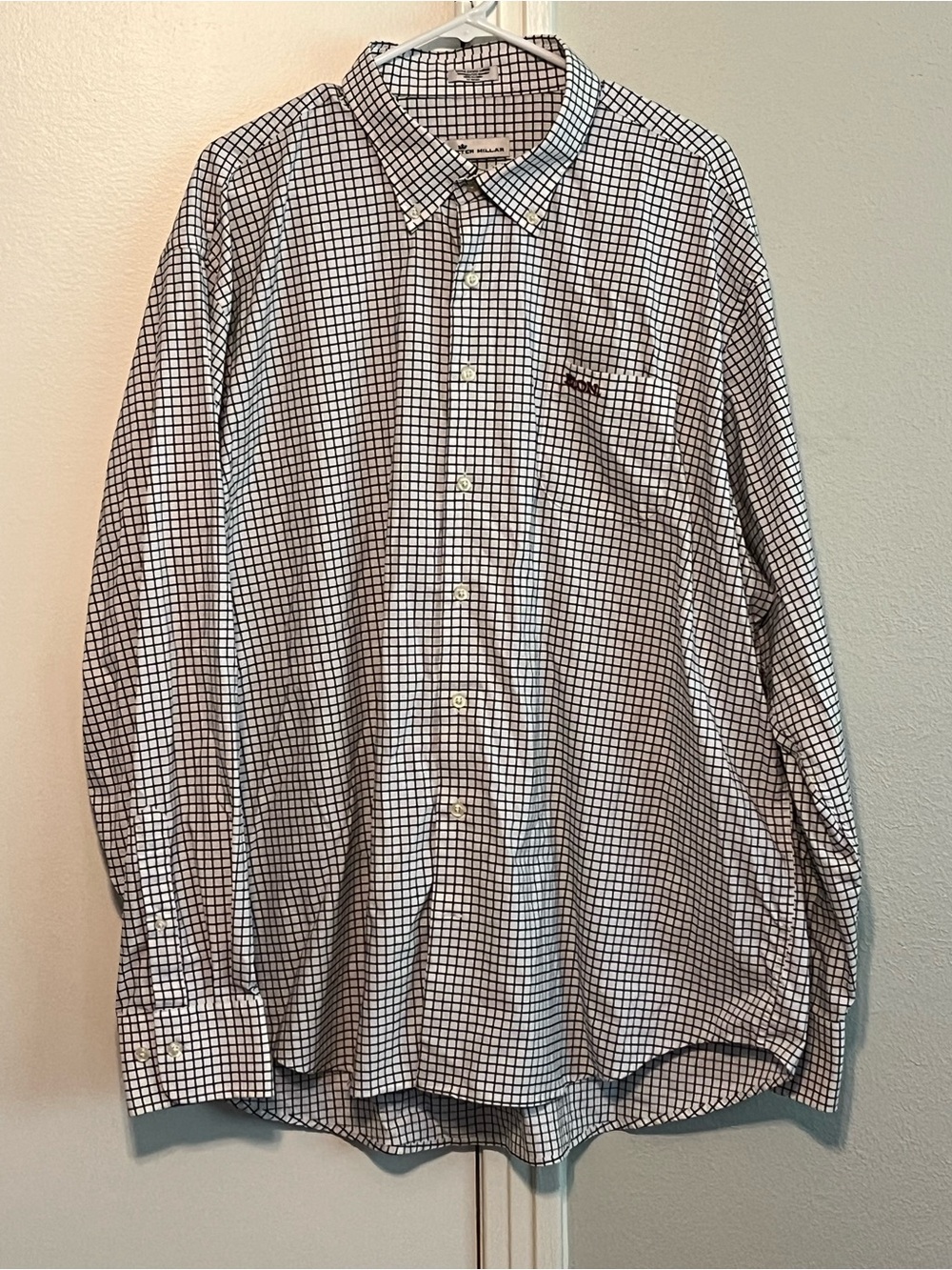 Peter Millar Long Sleeve White & Black Gingham Check Elon University Logo Shirt